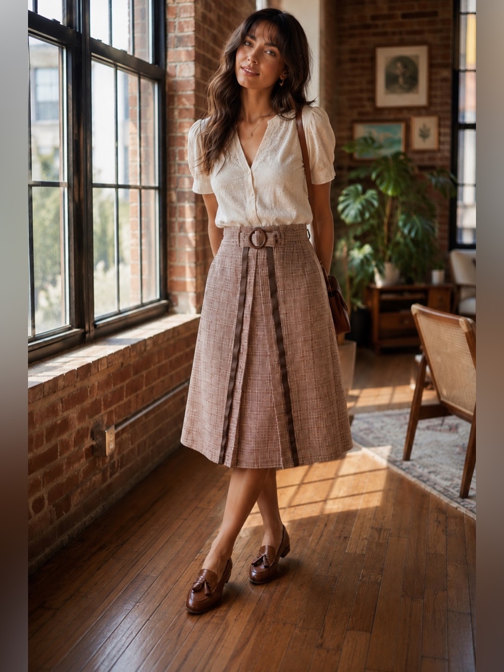 Sz 12 INC Vintage Tweed Front Bow A- line Skirt